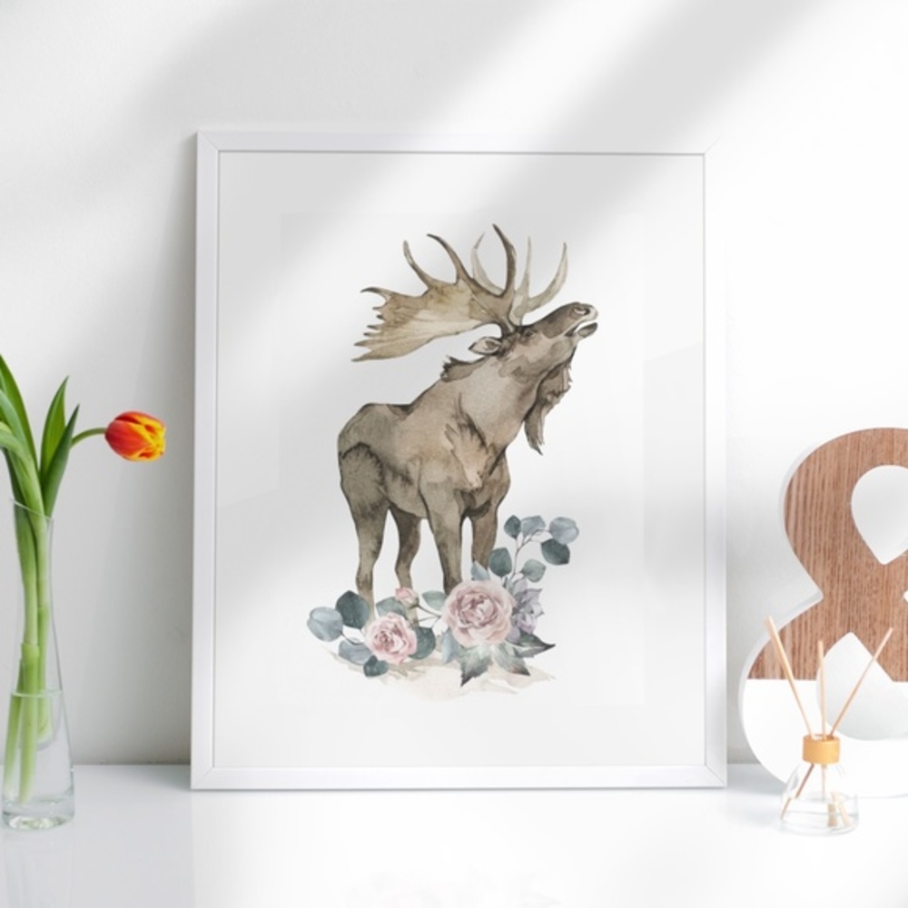 Watercolor Floral Moose Elk Deer Portrait Wall Art Illustration Print Unframed - Picture 6 of 17